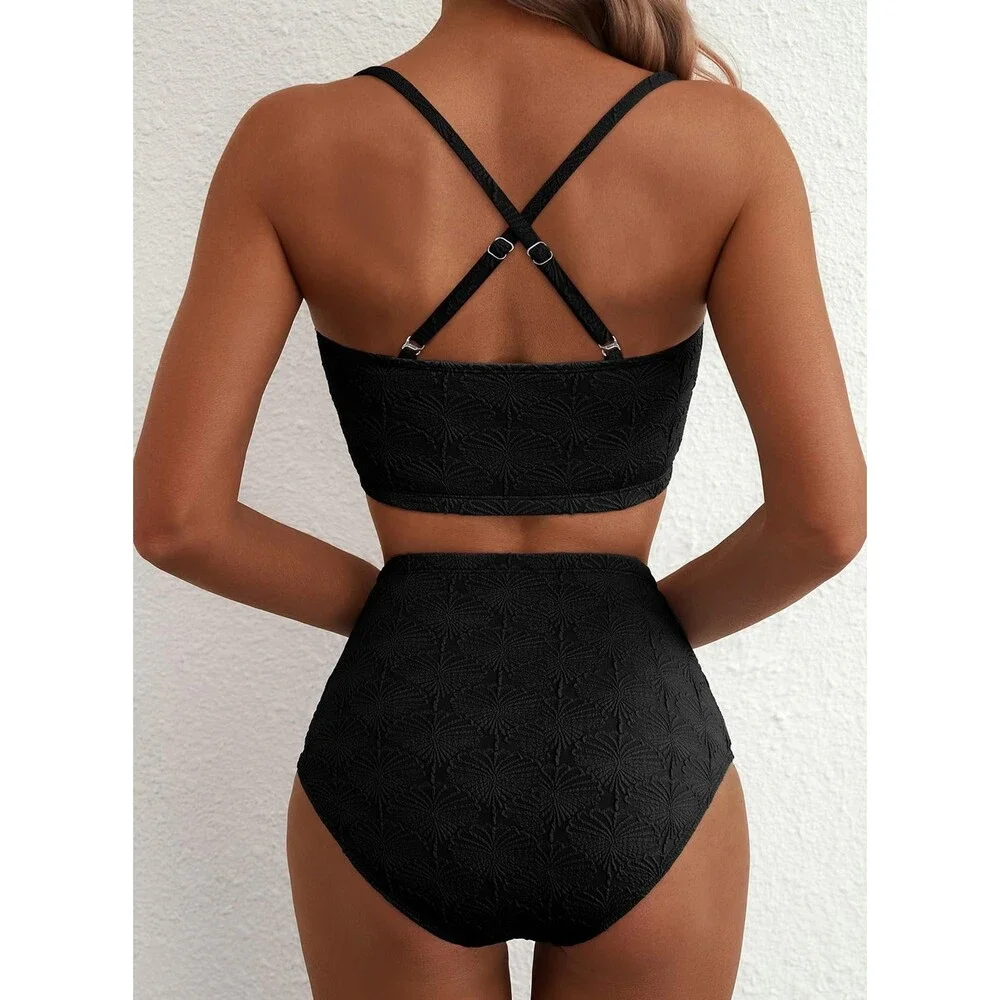 Herseas Women's Black Seashell Textured Bikini Sets Knotted Front High XS